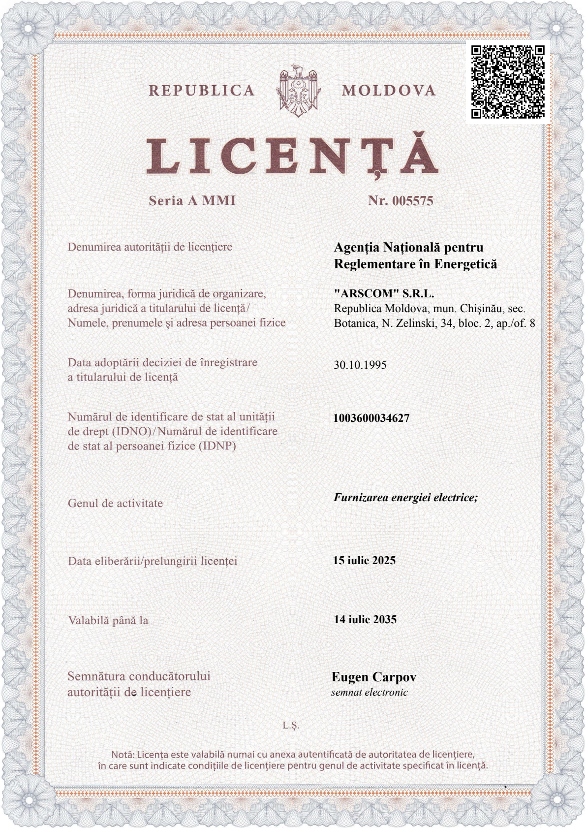 Licența ARSCOM — prima pagină a documentului original